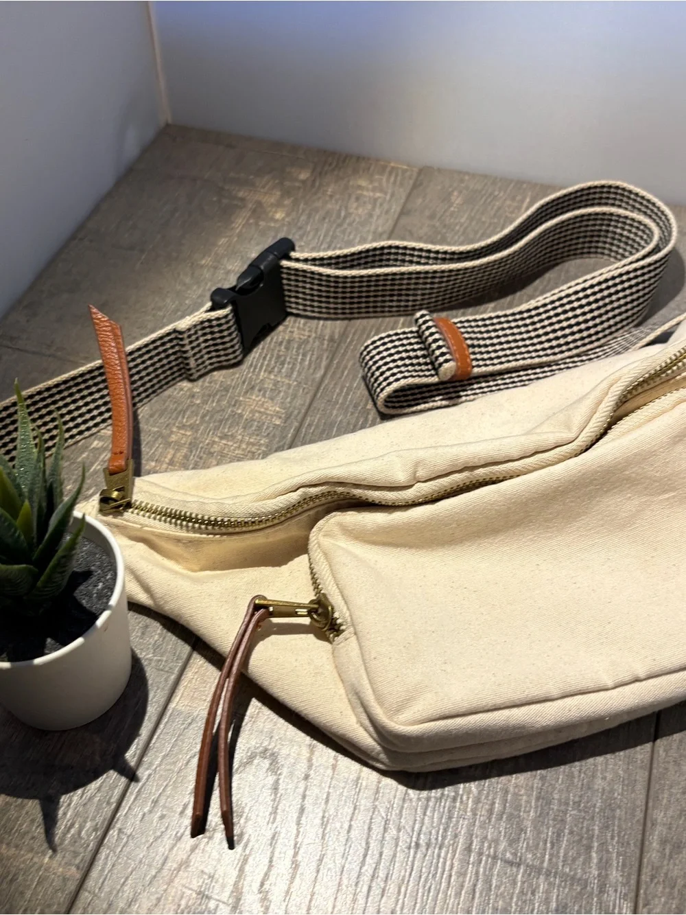 Universal Thread Canvas Waist Bag in Cream with Leather Accents